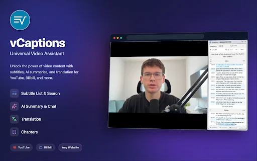vCaptions – Transkrip Video AI & Terjemahan Subtitle Terbaik description image 1